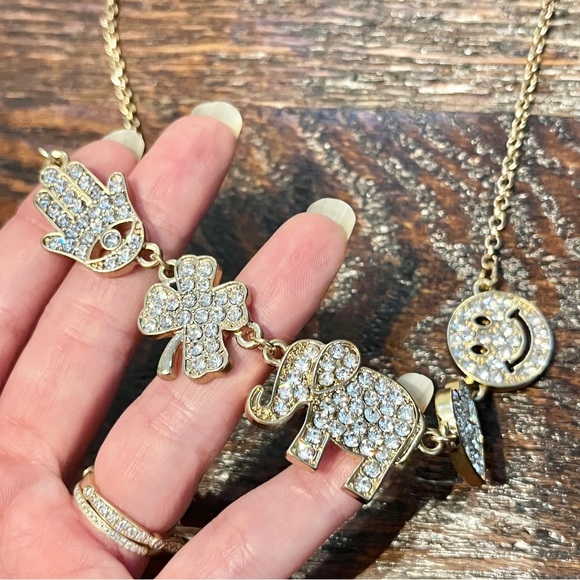 NEW Gold Tone Rhinestone Lucky Charms Necklace Set Fashion Jewelry Cute Earrings - Picture 3 of 6